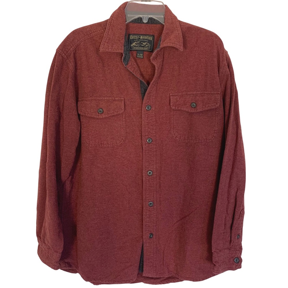 Grizzly Mountain Men's XL Heavy Flannel‎ Flap Pockets Red Button Front Shirt